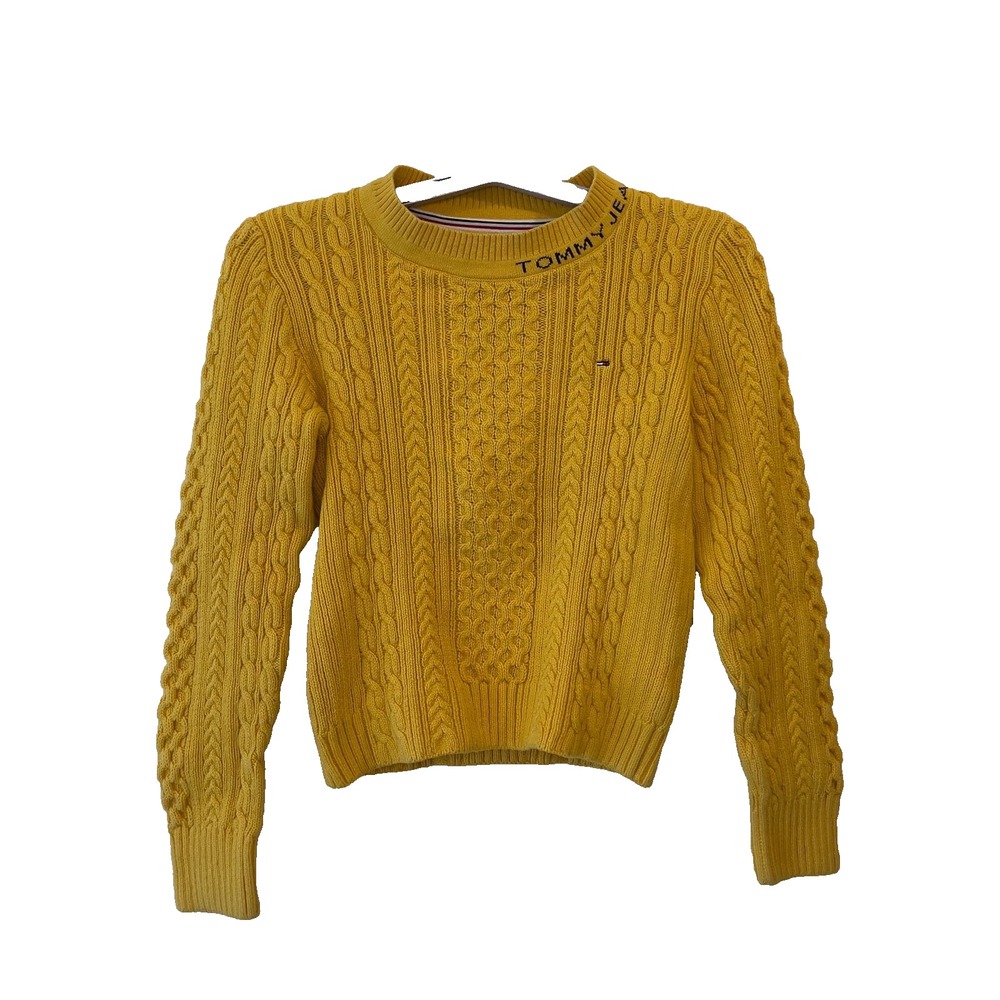 Tommy Hilfiger long‎ sleeve cotton yellow women's knit Sweater Size M with FLAW